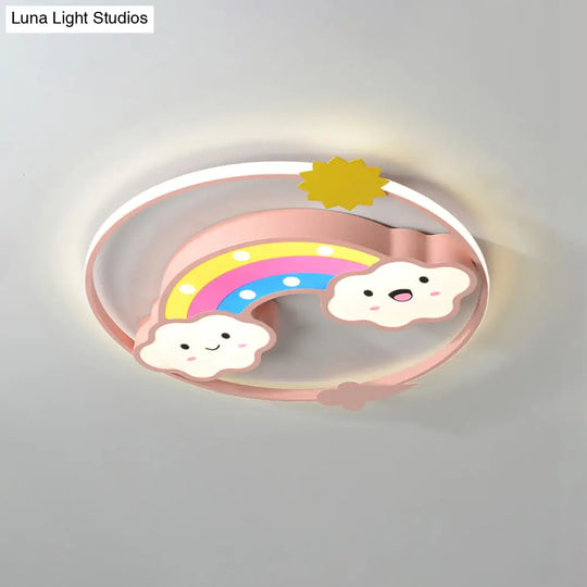 Iron Rainbow/Cloud Flush Mount Led Ceiling Light - Cartoon Pink/Blue Fixture For Kids’ Bedroom