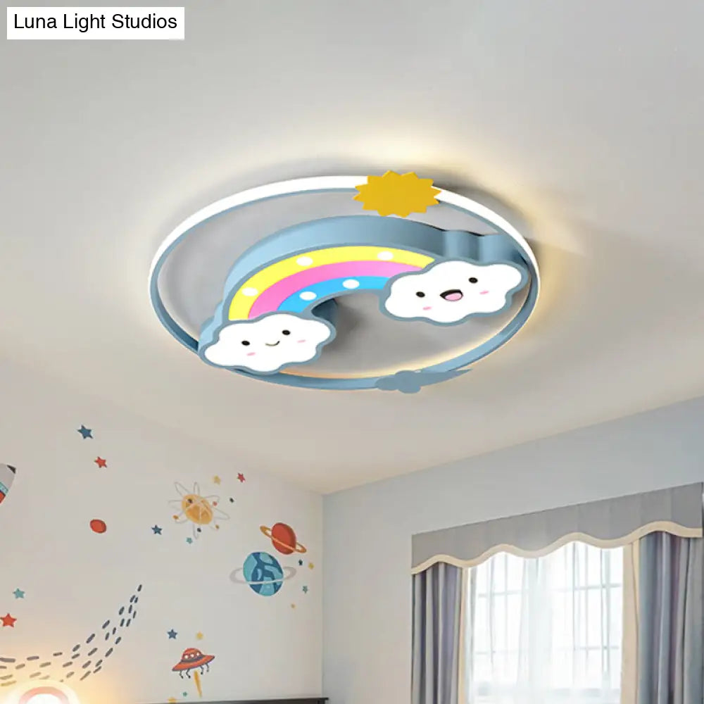 Iron Rainbow/Cloud Flush Mount Led Ceiling Light - Cartoon Pink/Blue Fixture For Kids’ Bedroom