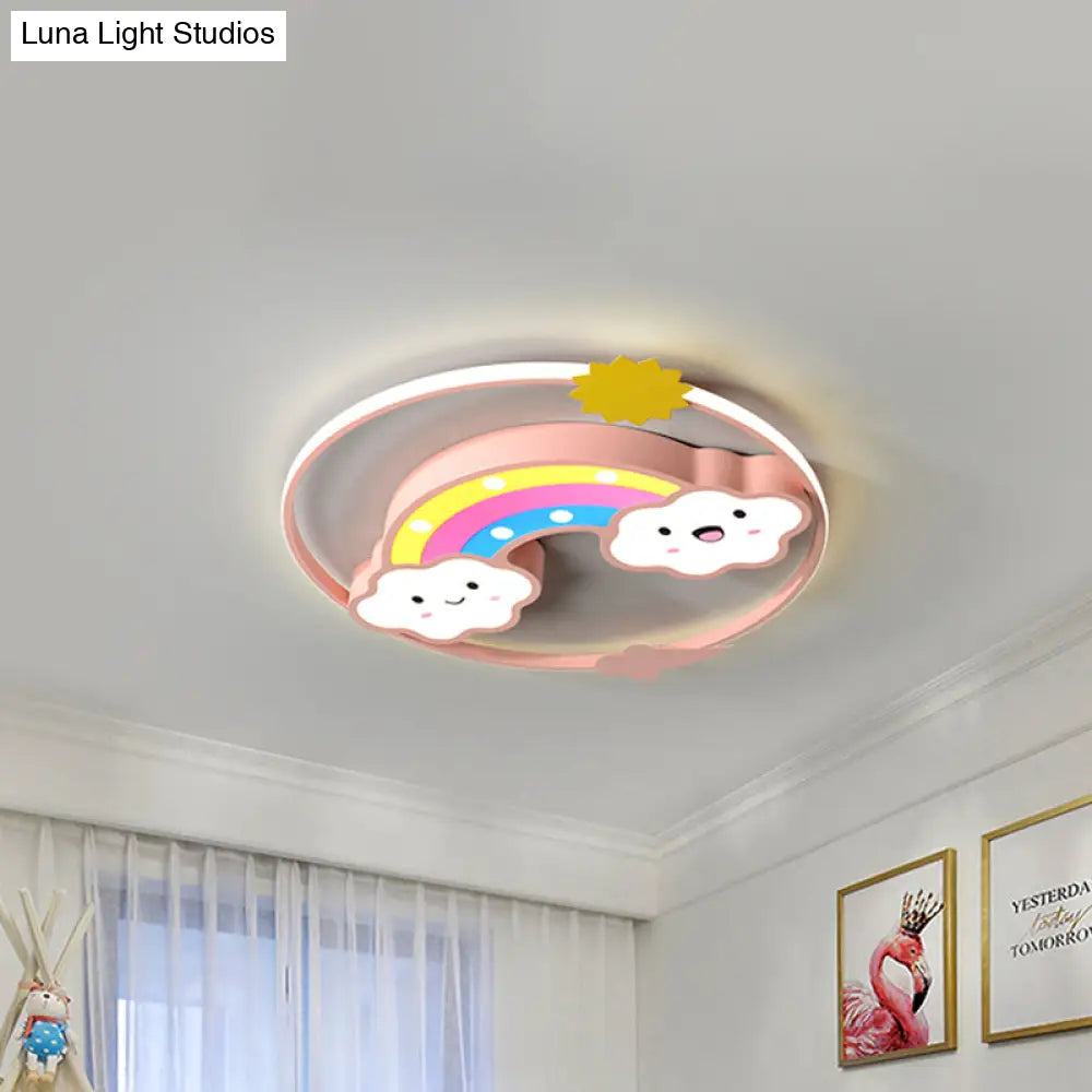 Iron Rainbow/Cloud Flush Mount Led Ceiling Light - Cartoon Pink/Blue Fixture For Kids’ Bedroom