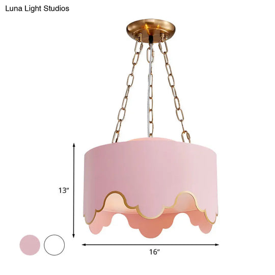 Iron Ruffled Edge Drop Lamp Postmodern 1 Bulb Pink/White Hanging Ceiling Light For Dining Room