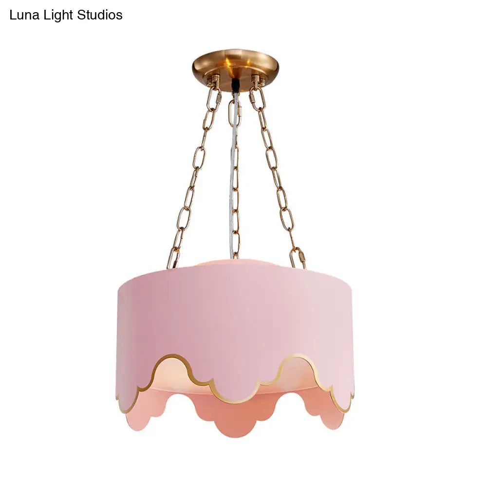 Iron Ruffled Edge Drop Lamp Postmodern 1 Bulb Pink/White Hanging Ceiling Light For Dining Room