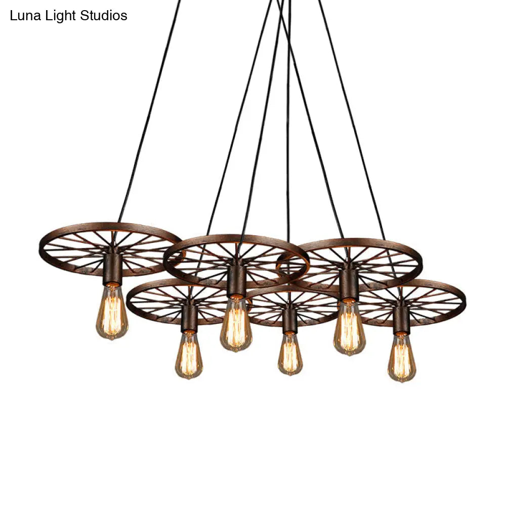 Industrial Rustic Wheel Chandelier - Wrought Iron 3/6-Head Suspension Pendant For Dining Room
