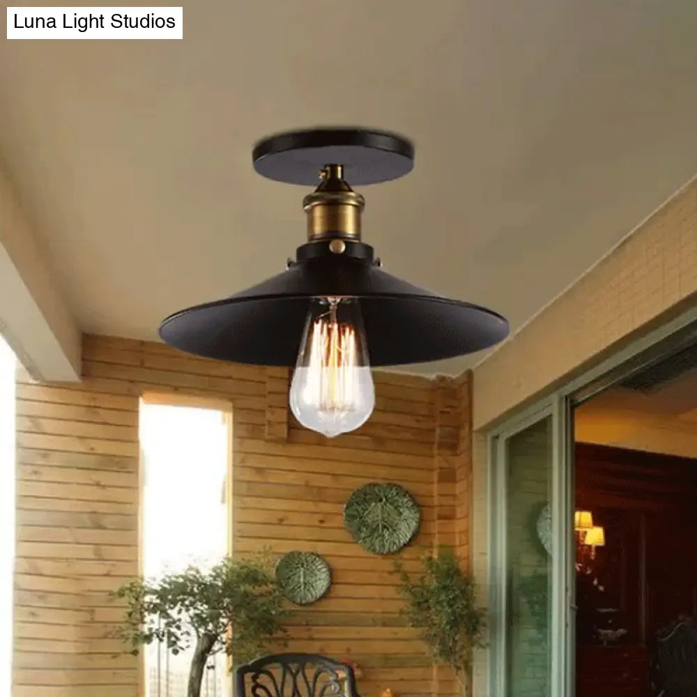 Iron Saucer Farmhouse Ceiling Mount Lamp - 1-Bulb Semi Flush Light Fixture In Black 8.5/10/12 Width