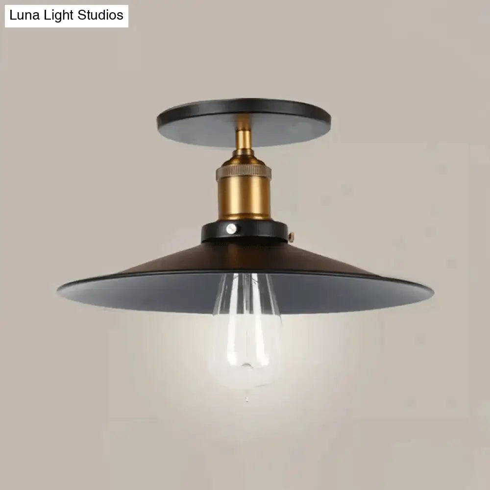 Iron Saucer Farmhouse Ceiling Mount Lamp - 1-Bulb Semi Flush Light Fixture In Black 8.5/10/12 Width