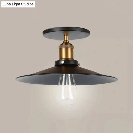 Iron Saucer Farmhouse Ceiling Mount Lamp - 1-Bulb Semi Flush Light Fixture In Black 8.5/10/12 Width