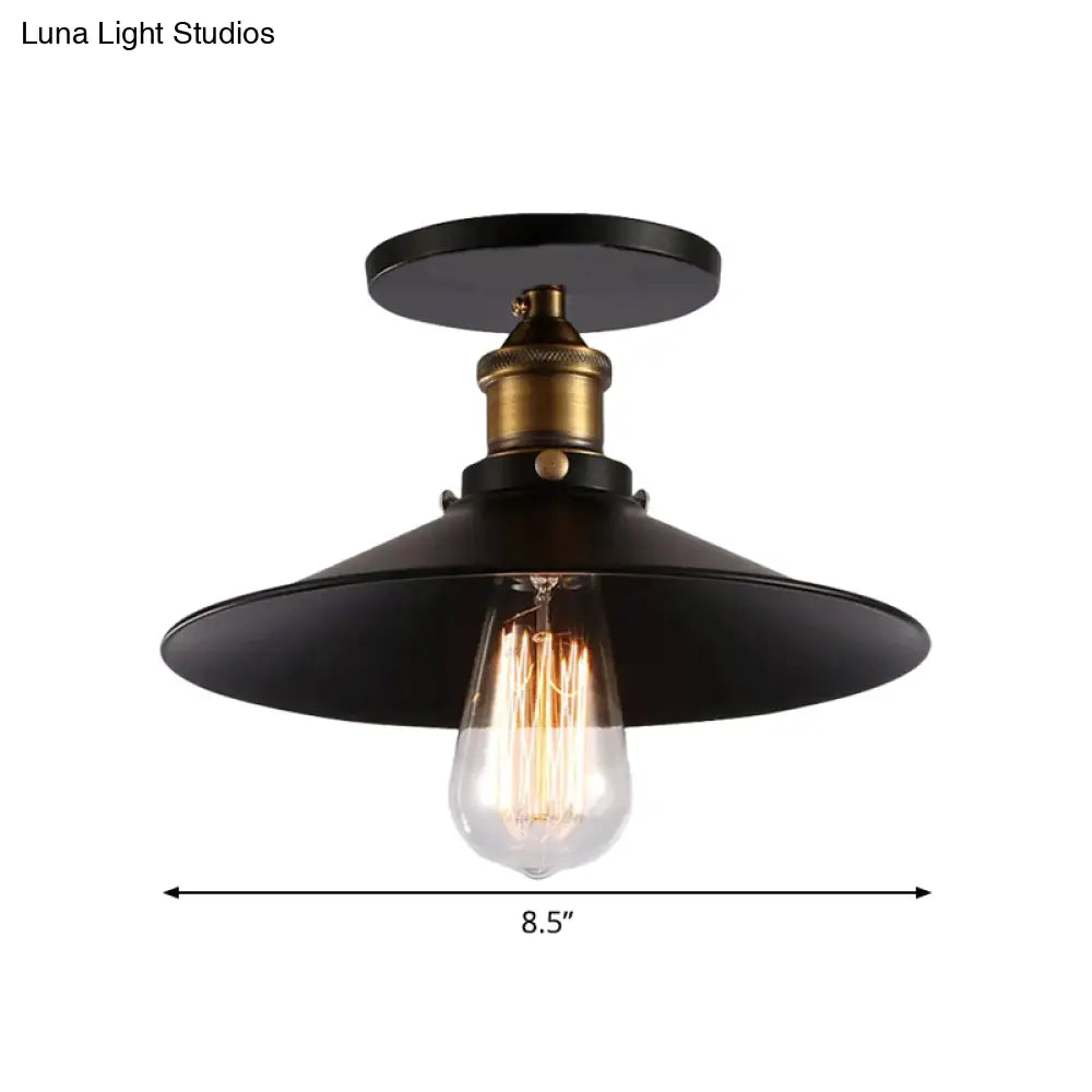 Iron Saucer Farmhouse Ceiling Mount Lamp - 1-Bulb Semi Flush Light Fixture In Black 8.5/10/12 Width