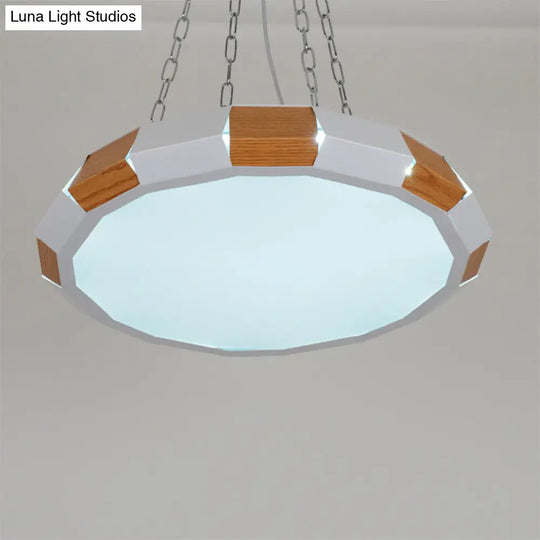 Iron Spliced Round Hanging Lamp: Modernist White/Wood Led Suspension Pendant Light - Warm/White