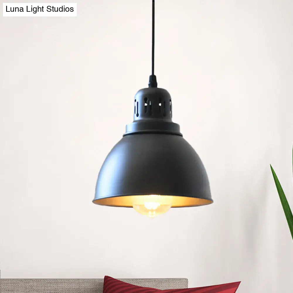 Iron Suspension Pendant Lamp - Antiqued Black Finish 1-Bulb Domed Stairway Design 6/7.5/12 Width