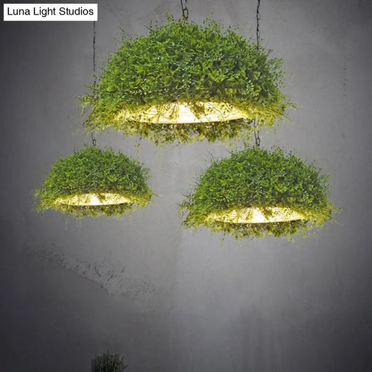 Iron Suspension Restaurant Pendant Light - Retro Green Dome Design With Plant Decor
