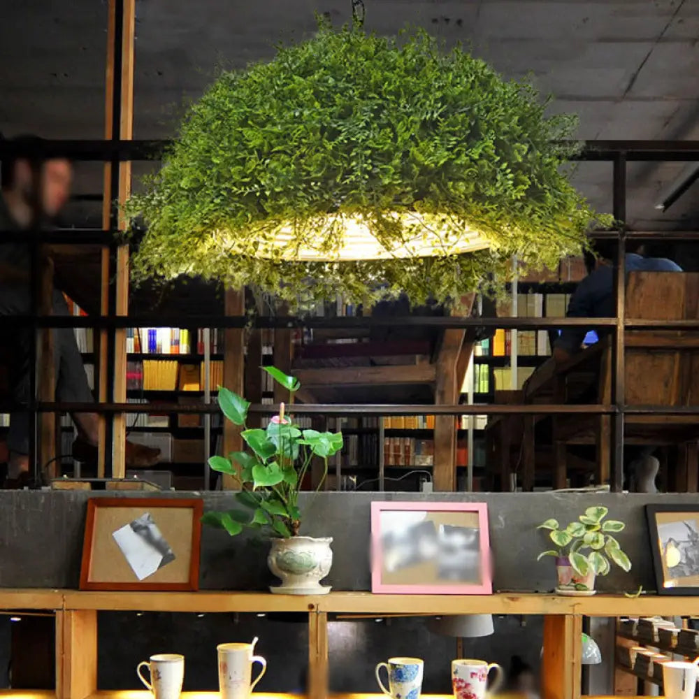 Iron Suspension Restaurant Pendant Light - Retro Green Dome Design With Plant Decor / 18’