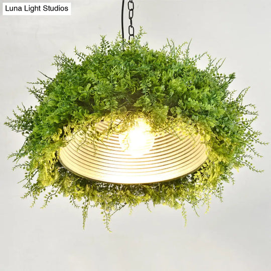 Retro Green Dome Pendant Light With Iron Suspension And Plant Decor For Restaurant Ceiling - 1 Bulb