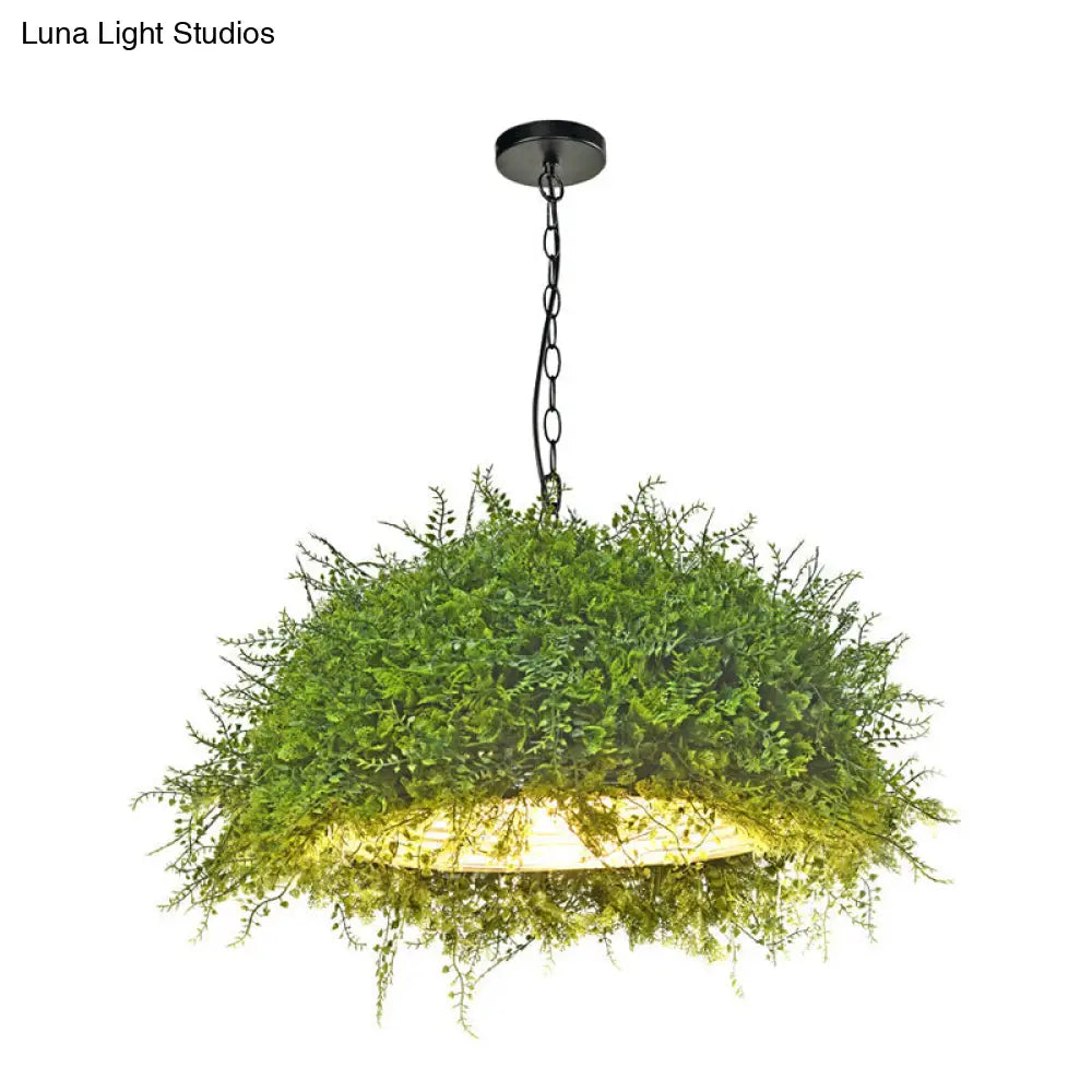 Iron Suspension Restaurant Pendant Light - Retro Green Dome Design With Plant Decor