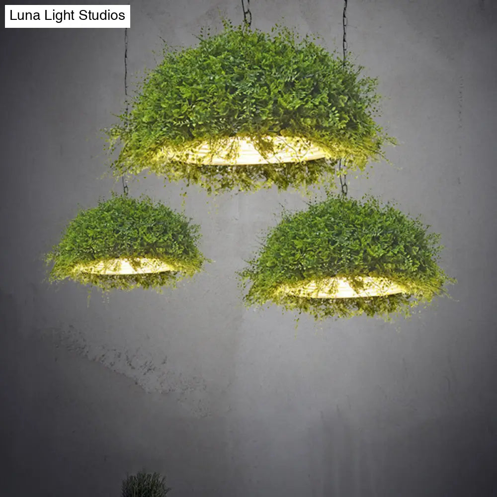 Retro Green Dome Pendant Light With Iron Suspension And Plant Decor For Restaurant Ceiling - 1 Bulb