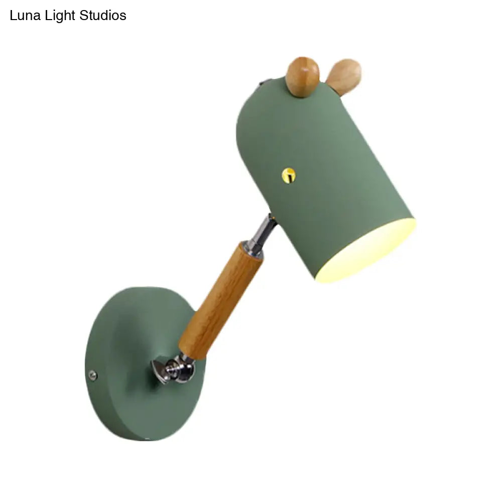 Iron Swing Arm Wall Lamp Kids Sconce Fixture - White/Green/Grey Wood 1 Bulb Venting Hole