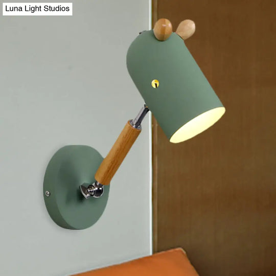 Iron Swing Arm Wall Lamp Kids Sconce Fixture - White/Green/Grey Wood 1 Bulb Venting Hole