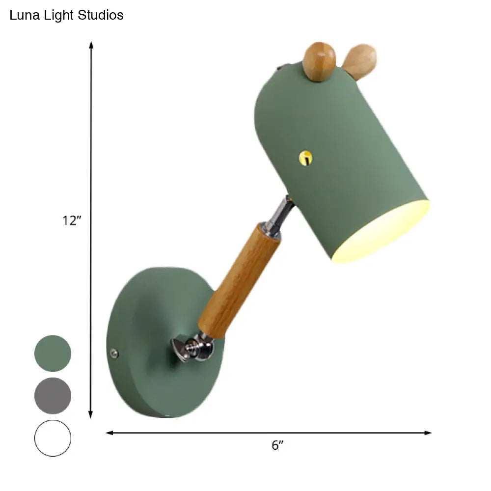 Iron Swing Arm Wall Lamp Kids Sconce Fixture - White/Green/Grey Wood 1 Bulb Venting Hole