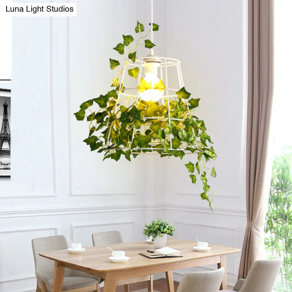 Iron Tapered Cage Pendant Ceiling Light With Decorative Ivy - Retro 1 Head Suspension Lighting For