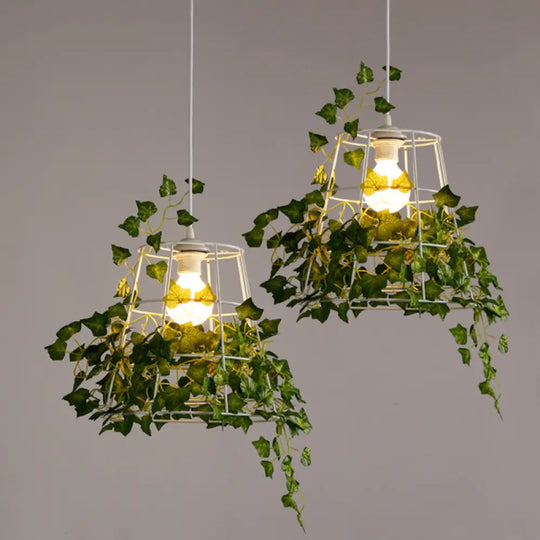 Iron Tapered Cage Pendant Ceiling Light With Decorative Ivy - Retro 1 Head Suspension Lighting For