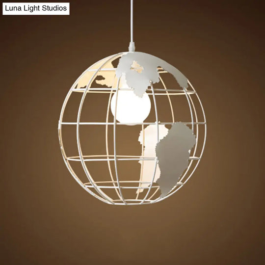 Iron Terrestrial Globe Hanging Pendant Light Fixture - 1 Bulb Simplicity Design White Perfect For