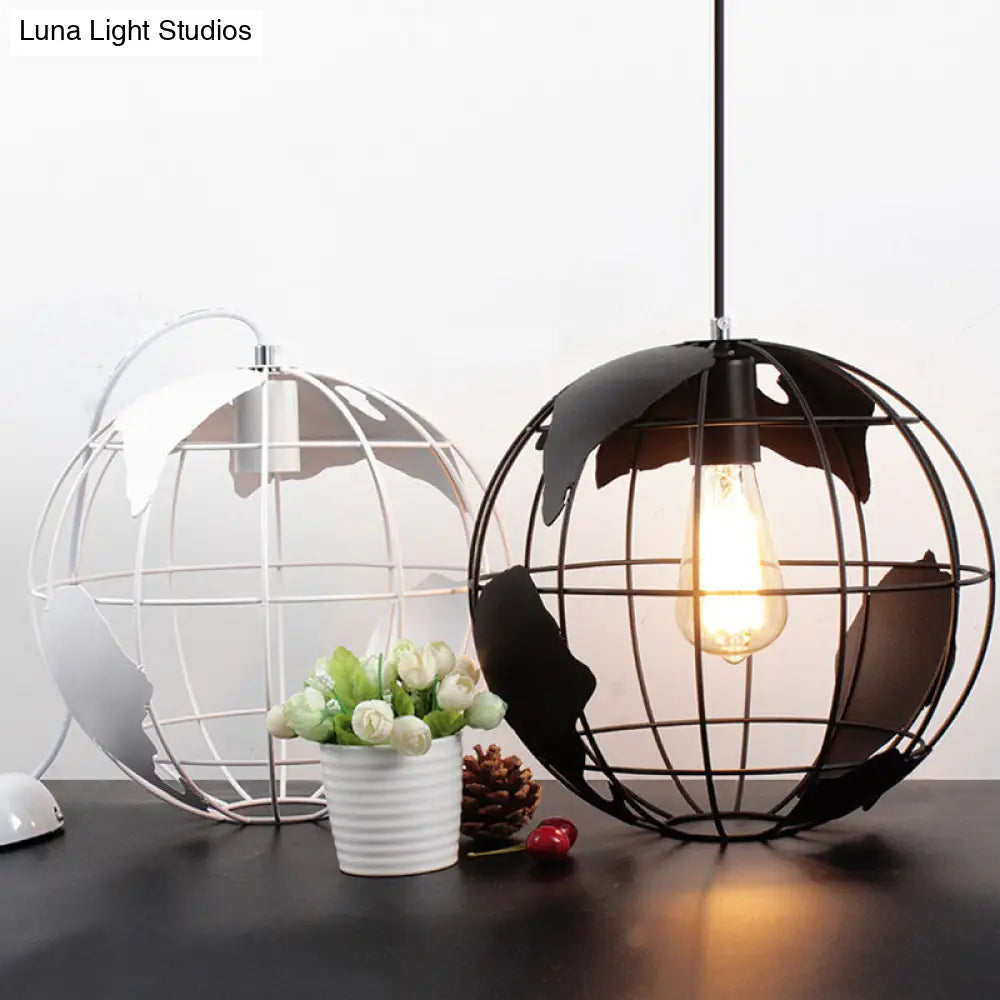 Iron Terrestrial Globe Hanging Pendant Light Fixture - 1 Bulb Simplicity Design White Perfect For