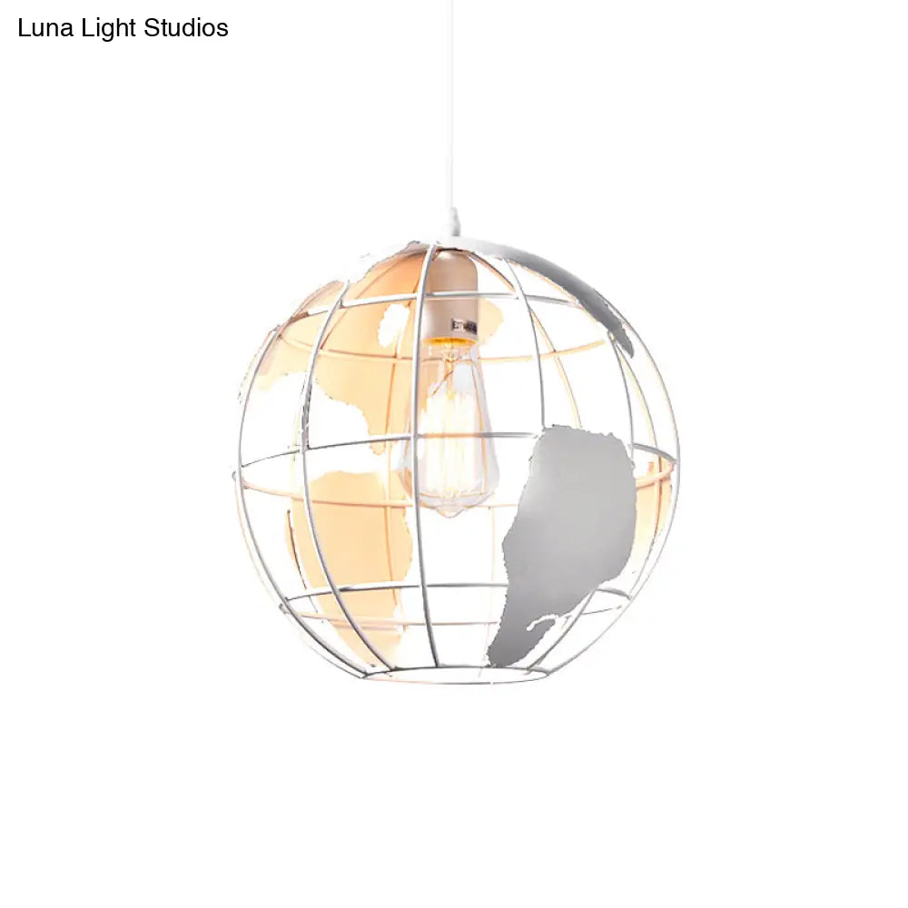 Iron Terrestrial Globe Hanging Pendant Light Fixture - 1 Bulb Simplicity Design White Perfect For