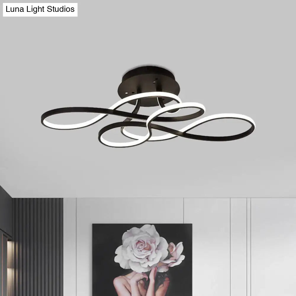 Iron Twisted Ceiling Fixture - Minimalist Black/White Led Semi Mount Lighting With Warm/White Light