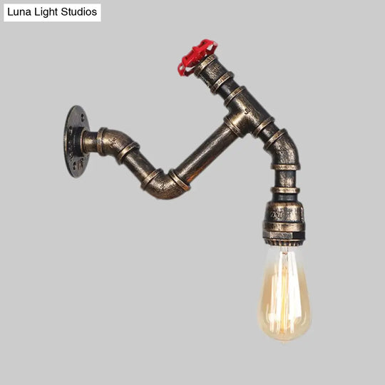 Iron Wall Lamp Industrial Style With Exposed Bulb & Red Valve - Aged Bronze Finish