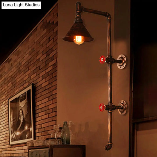 Iron Wall Light Kit - Industrial Single Cone Shade Mount Lamp In Bronze With Valve And Bracket