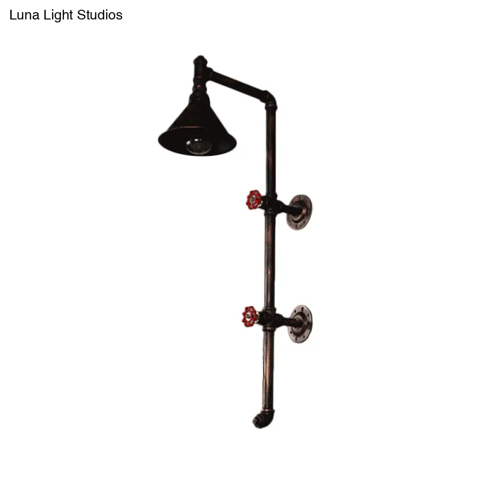 Iron Wall Light Kit - Industrial Single Cone Shade Mount Lamp In Bronze With Valve And Bracket