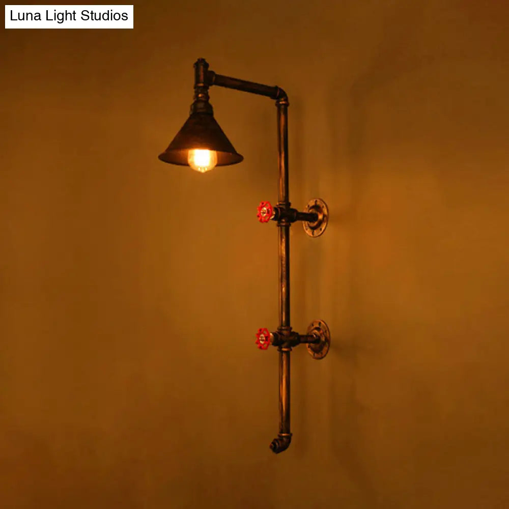 Iron Wall Light Kit - Industrial Single Cone Shade Mount Lamp In Bronze With Valve And Bracket