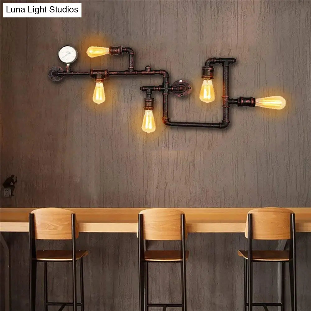 Iron Wall Lighting Industrial Sconce With Decorative Gauge For Restaurants -5 Bulb Water Pipe Design