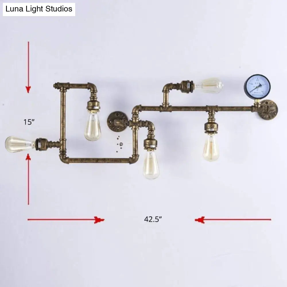 Iron Wall Lighting Industrial Sconce With Decorative Gauge For Restaurants -5 Bulb Water Pipe Design