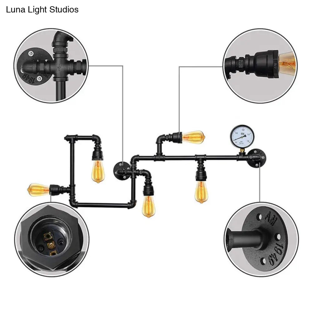 Iron Wall Lighting Industrial Sconce With Decorative Gauge For Restaurants -5 Bulb Water Pipe Design