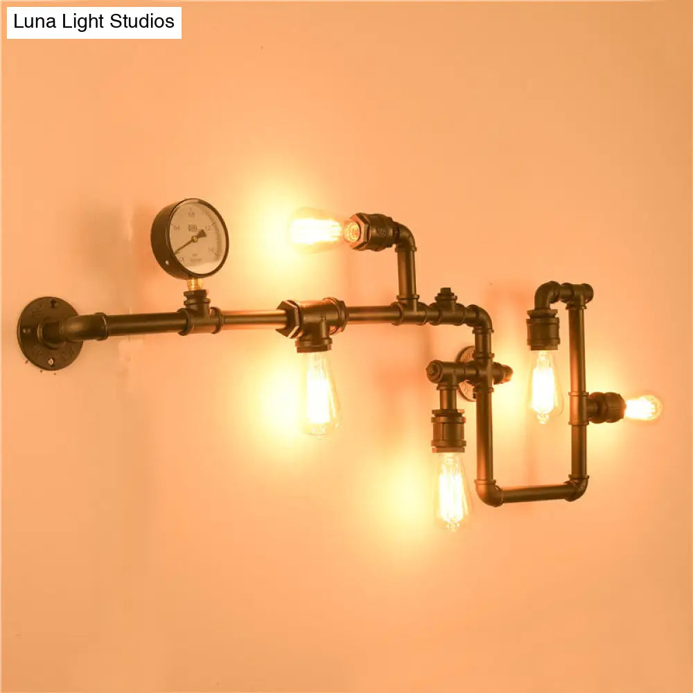 Iron Wall Lighting Industrial Sconce With Decorative Gauge For Restaurants -5 Bulb Water Pipe Design