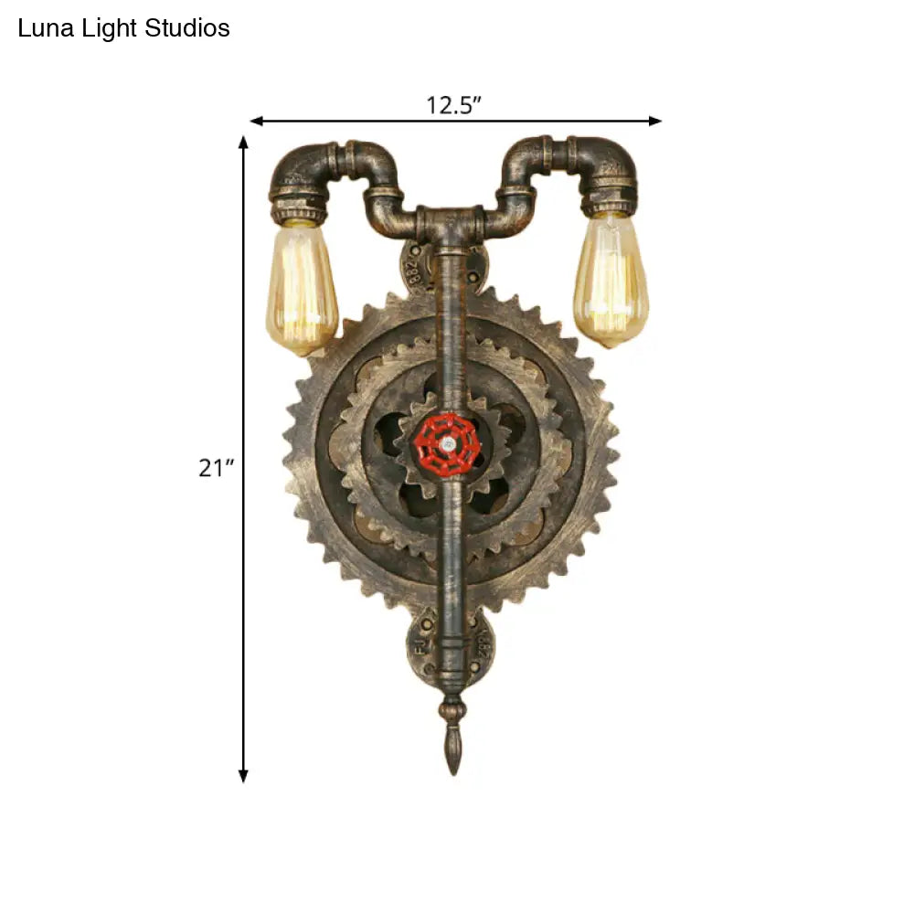 Iron Wall Sconce Light With Exposed Bulbs Gear And Pipe Industrial Design - Restaurant Lighting In