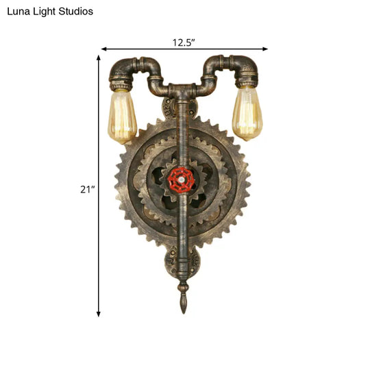 Iron Wall Sconce Light With Exposed Bulbs Gear And Pipe Industrial Design - Restaurant Lighting In