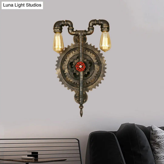 Iron Wall Sconce Light With Exposed Bulbs Gear And Pipe Industrial Design - Restaurant Lighting In