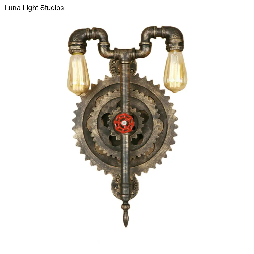 Iron Wall Sconce Light With Exposed Bulbs Gear And Pipe Industrial Design - Restaurant Lighting In