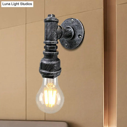 Iron Wall Sconce Lighting - Industrial Black/Aged Silver Indoor Mounted Lamp With Water Pipe 1 Light