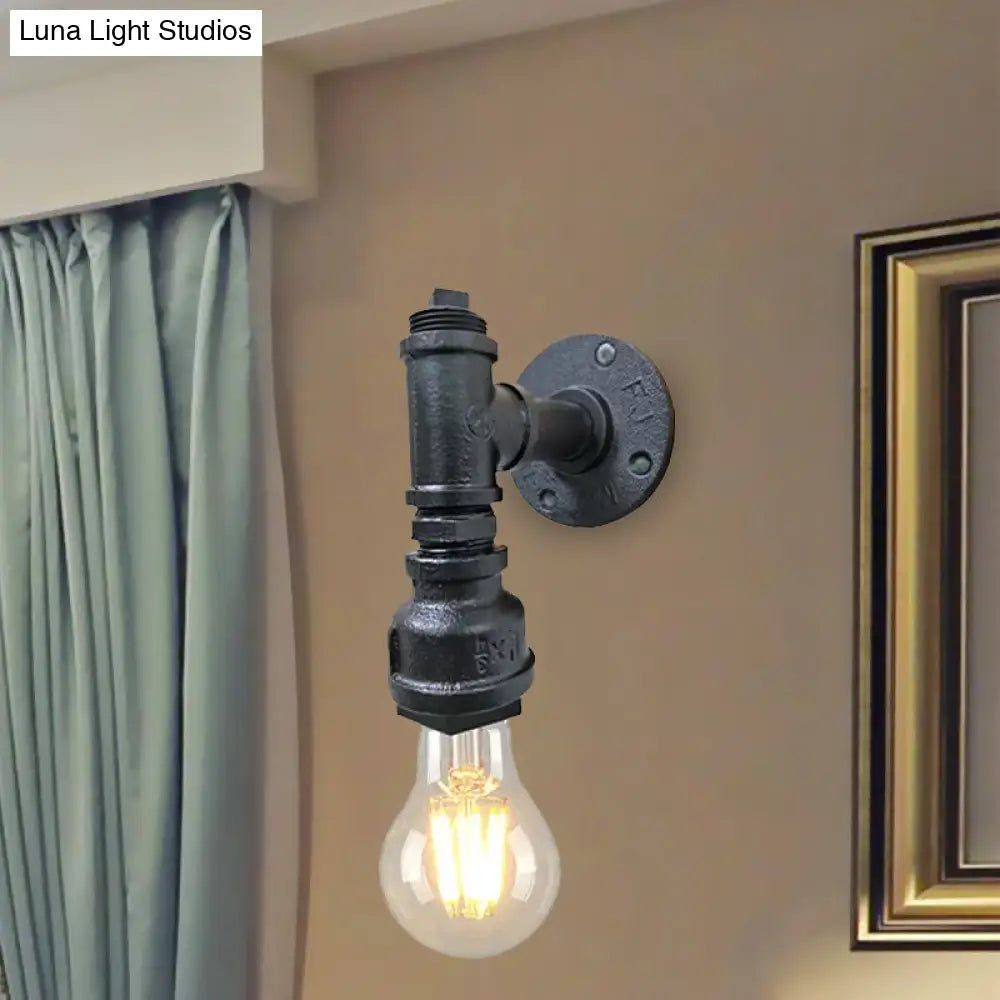 Iron Wall Sconce Lighting - Industrial Black/Aged Silver Indoor Mounted Lamp With Water Pipe 1 Light