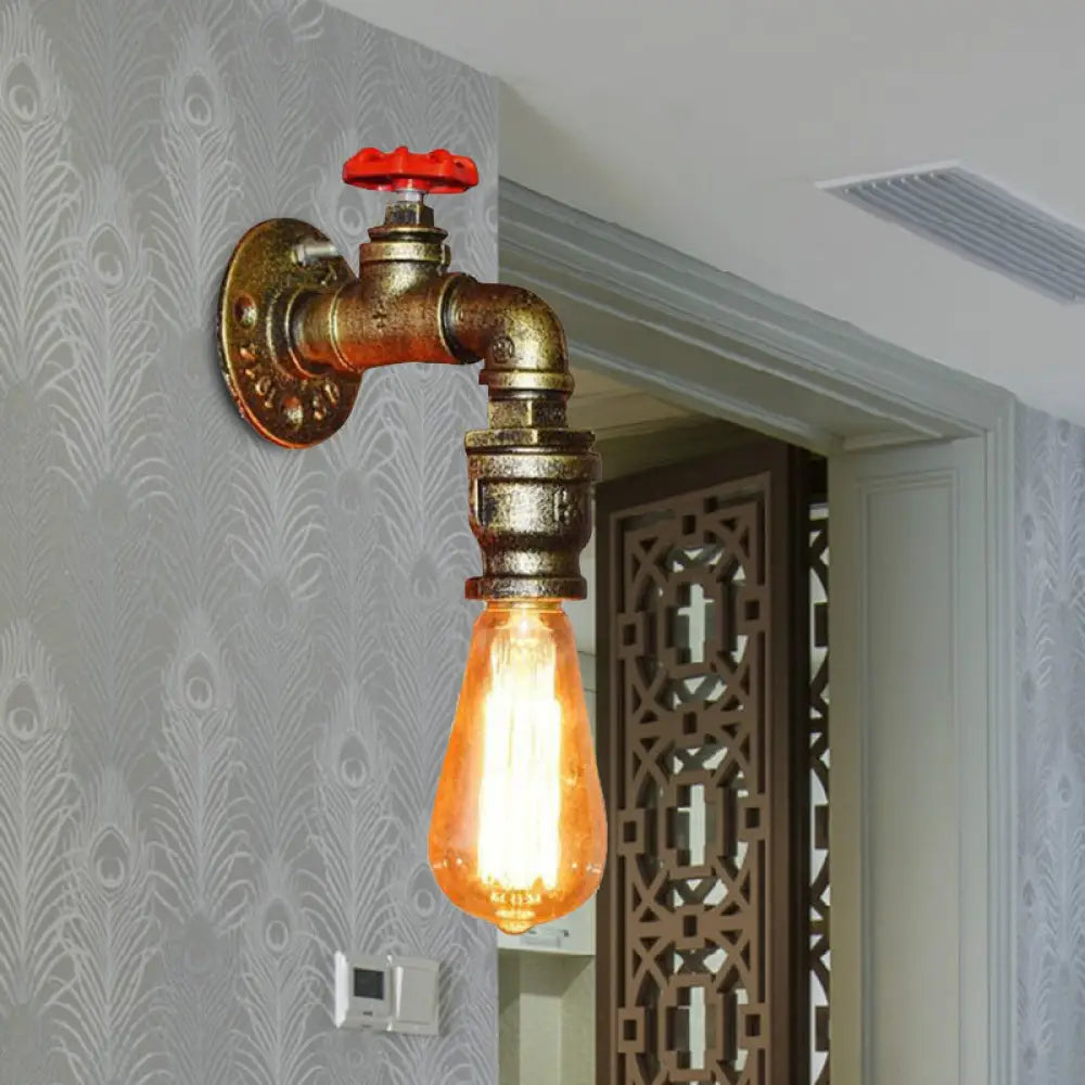 Iron Water Pipe Balcony Sconce Industrial Lamp With Red Valve Deco - Silver/Black/Rust Gold