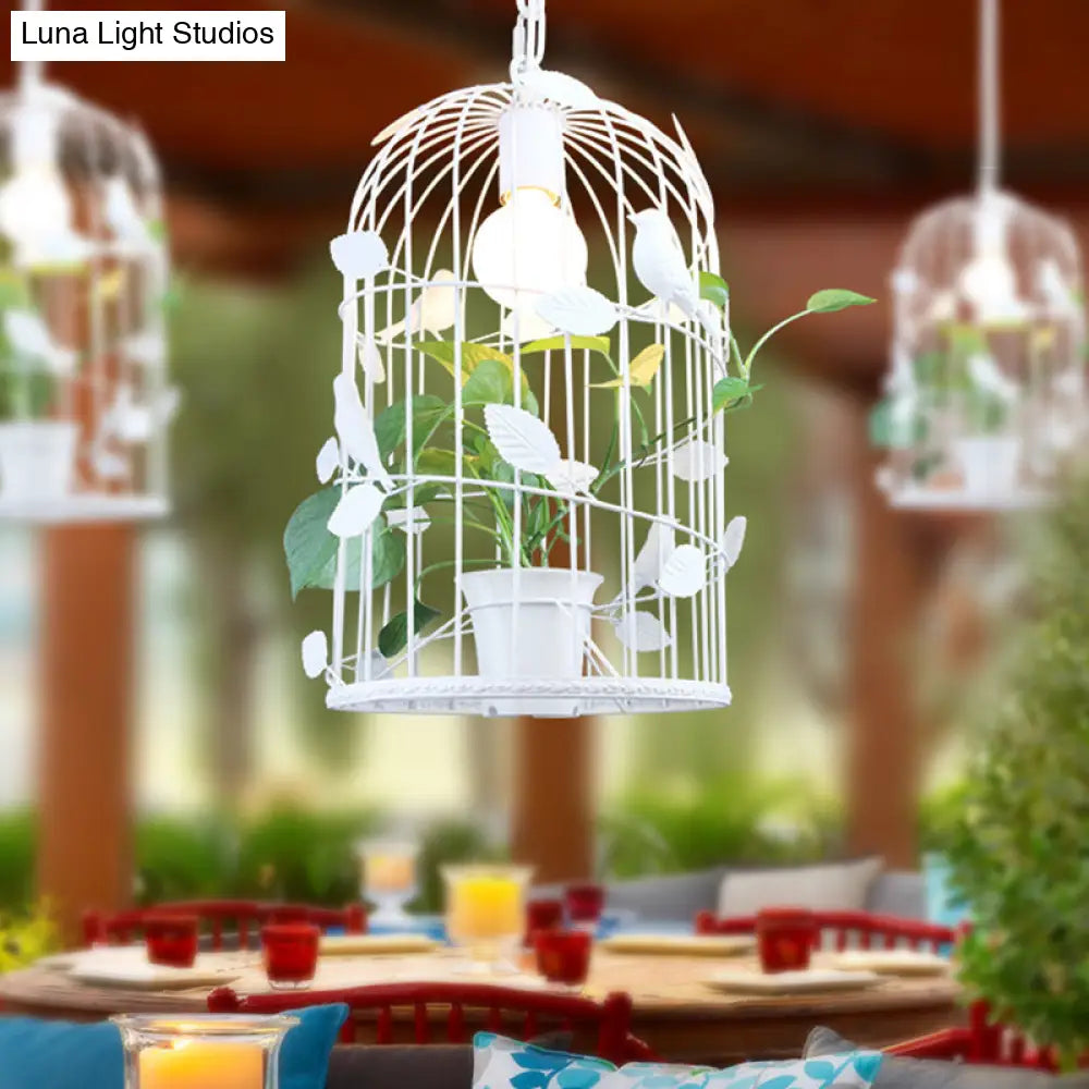 Iron White Birdcage Suspension Light With Inner Plant Deco - Warehouse Ceiling Pendant