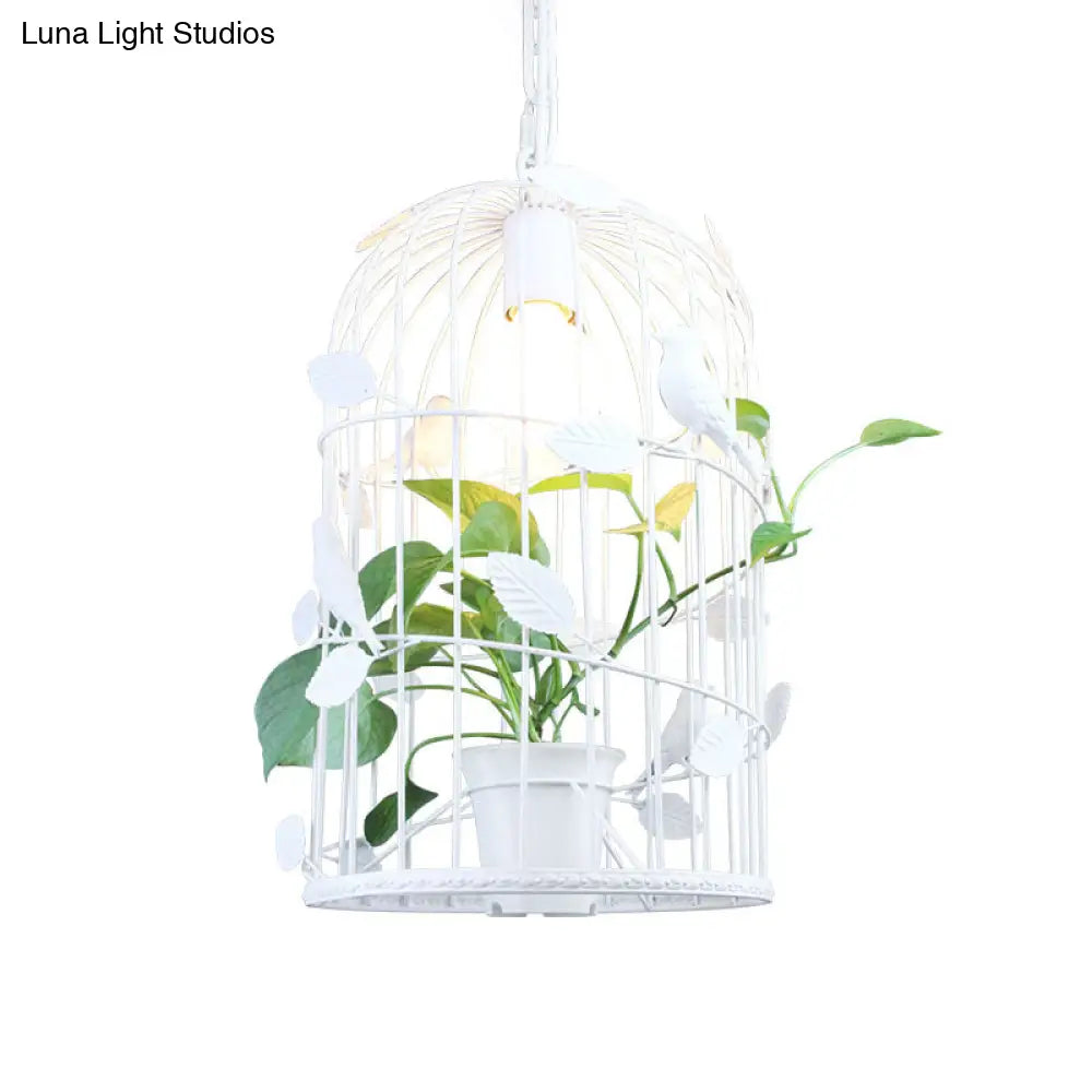 Iron White Birdcage Suspension Light With Inner Plant Deco - Warehouse Ceiling Pendant