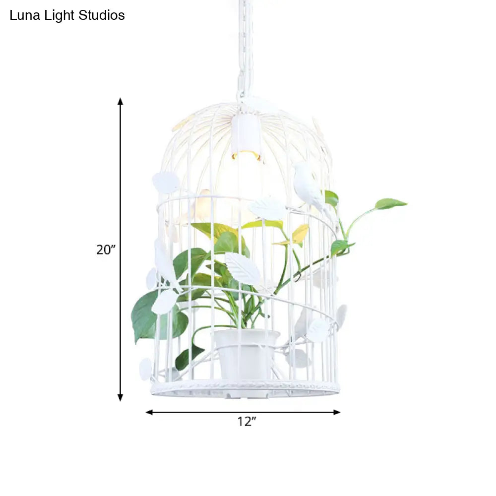 Iron White Birdcage Suspension Light With Inner Plant Deco - Warehouse Ceiling Pendant