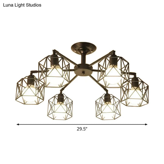 Iron Wire Cage Ceiling Chandelier - Rotating Pendant Lamp In Black For Bedroom 4/6/8-Light Option