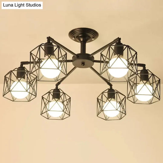 Iron Wire Cage Rotating Ceiling Chandelier - Warehouse Pendant Lamp 4/6/8-Light In Black