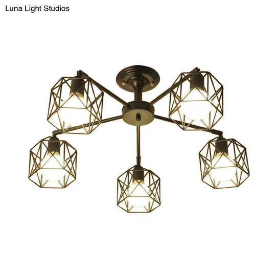 Iron Wire Cage Rotating Ceiling Chandelier - Warehouse Pendant Lamp 4/6/8-Light In Black