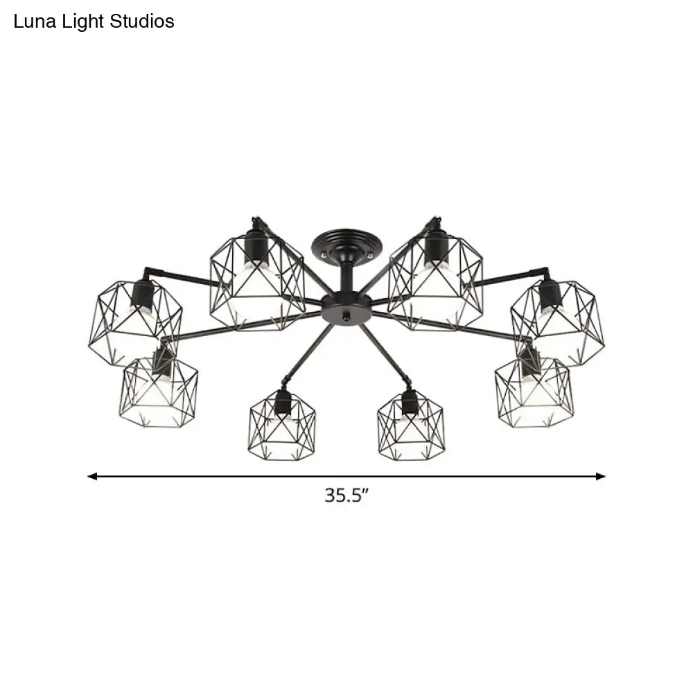 Iron Wire Cage Ceiling Chandelier - Rotating Pendant Lamp In Black For Bedroom 4/6/8-Light Option