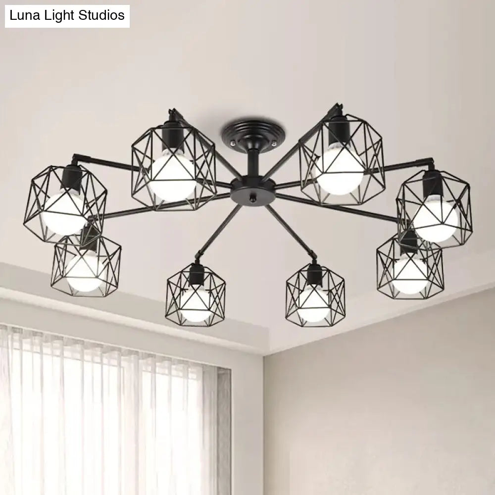 Iron Wire Cage Ceiling Chandelier - Rotating Pendant Lamp In Black For Bedroom 4/6/8-Light Option