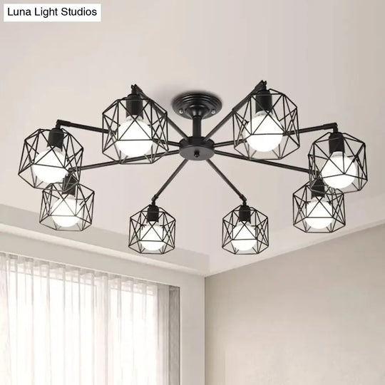 Iron Wire Cage Ceiling Chandelier - Rotating Pendant Lamp In Black For Bedroom 4/6/8-Light Option